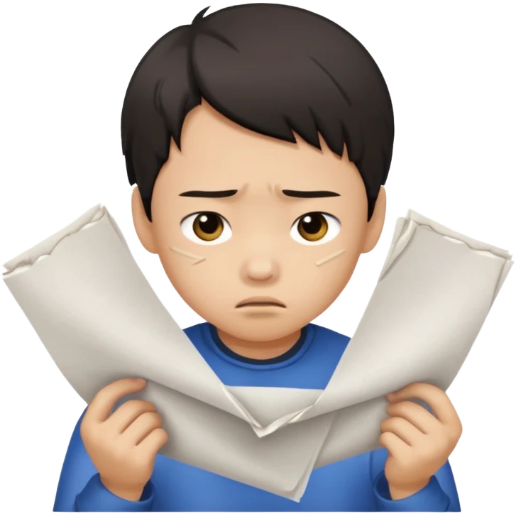 Envy - feeling of discontent at another\'s advantages or possessions - young chinese boy tearing up papers emoji