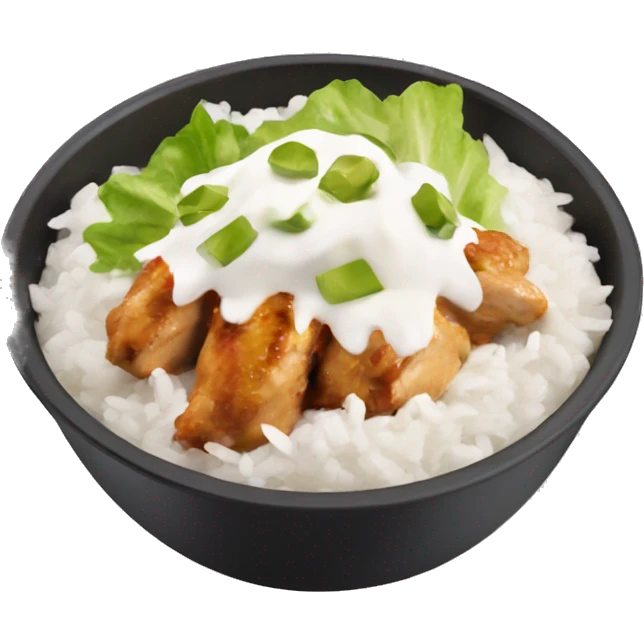 A chipotle bowl with chicken,white rice,lettuce,sour cream,and queso emoji