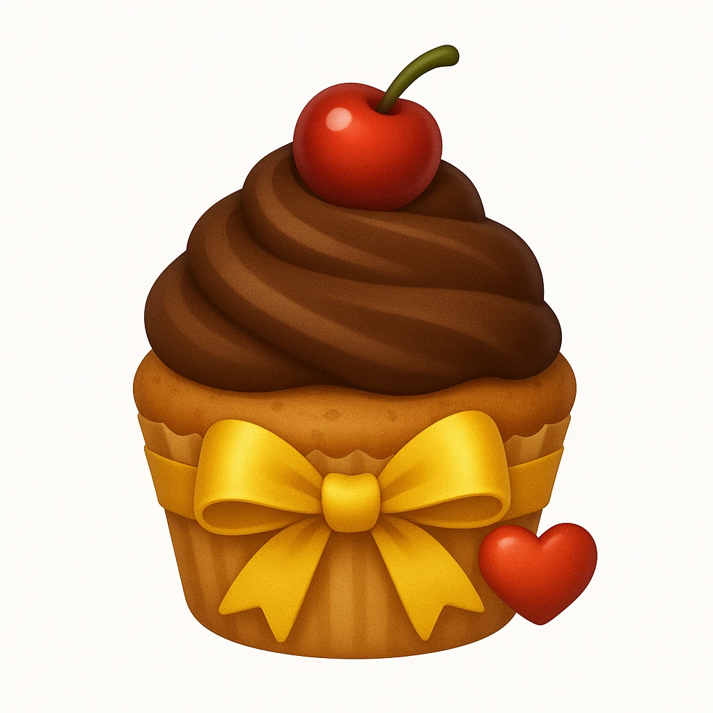 Add a gold ribbon and a tiny heart-shaped candy to the cupcake with brown (chocolate) frosting and a cherry on top in emoji style. emoji