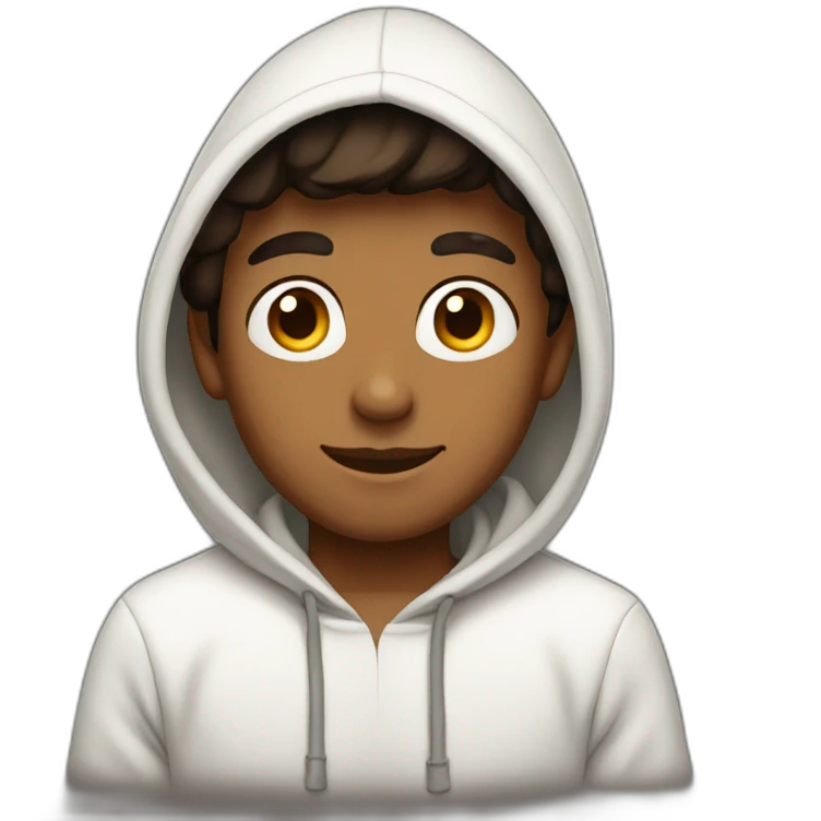 A beautiful, brown boy He wears a white hoodie with a hat emoji