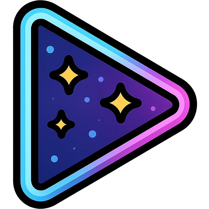 right-pointing triangle play symbol filled with purple and dark blue nebula with bright stars, cyan or pink neon glow border emoji