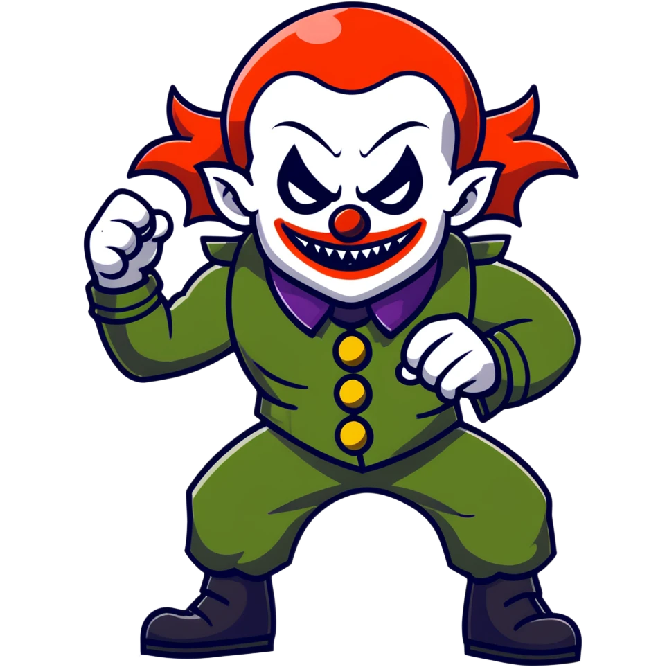 evil clown warrior, bald, small black satan-like horns on forehead, fangs, pointed ears, eye patch over one eye, black and military green leisure suit with bellbottom pants, realistically proportioned, less bulky, full body, battle-ready fighting posture emoji