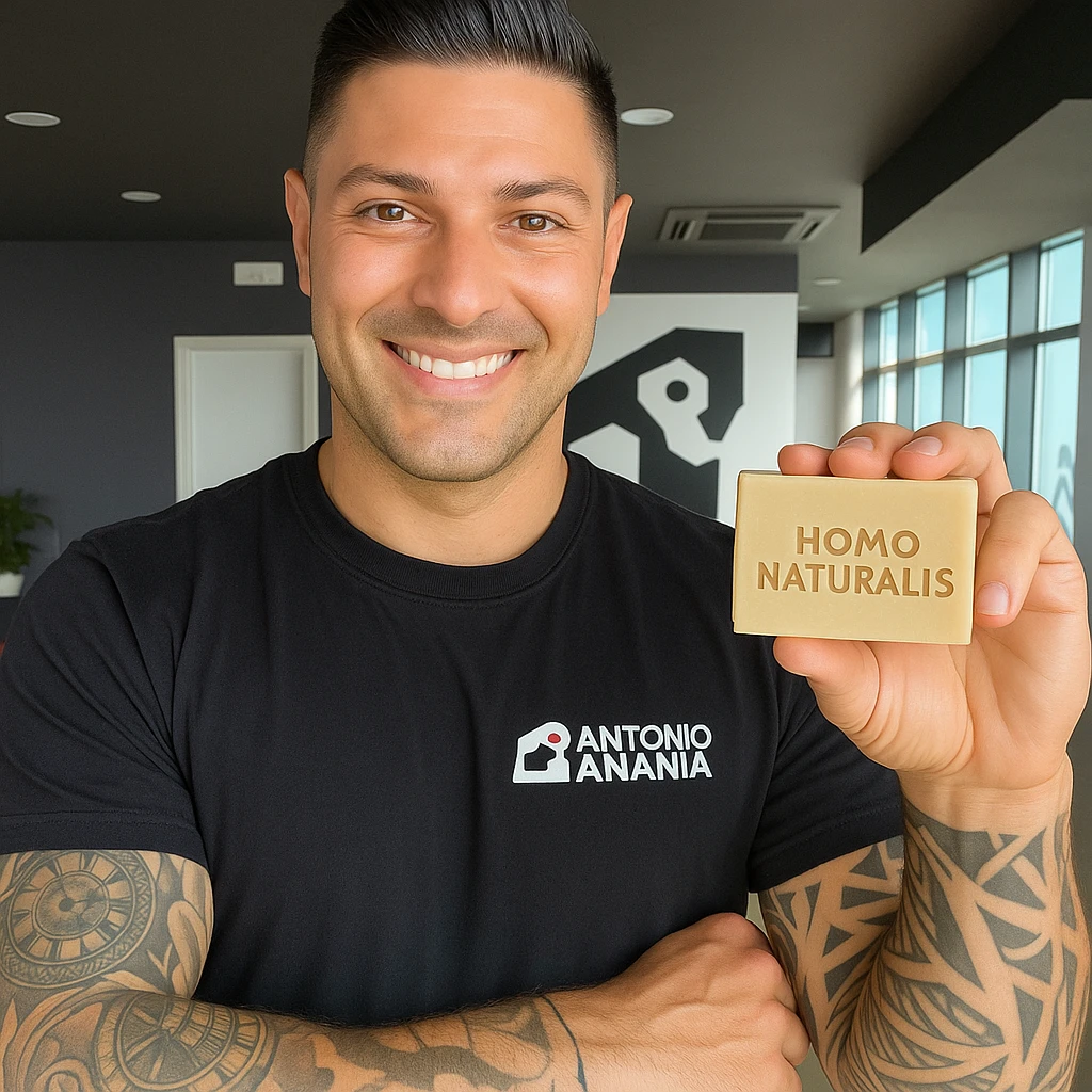 Create a realistic image of Antonio Anania, resembling the person in the reference photo, holding a soap called 'Homo Naturalis' with the soap's name clearly visible. The tone should be natural and positive. emoji