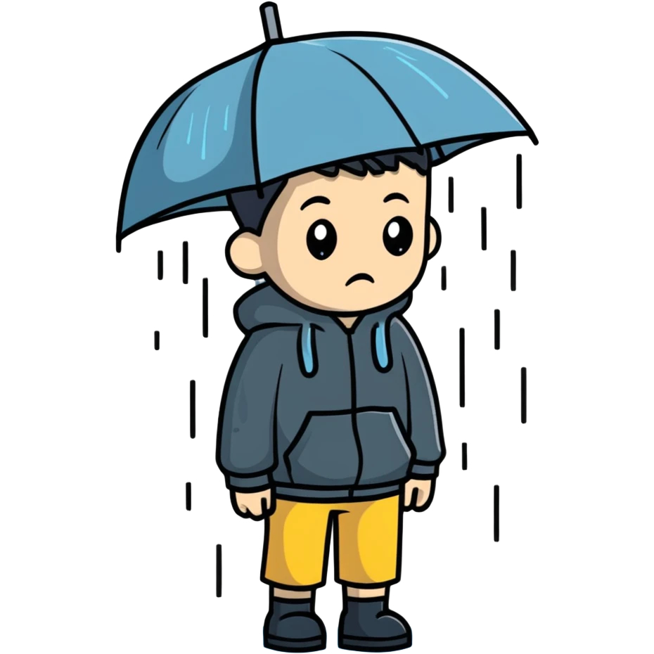 Boy standing alone in the pouring rain, looking sad emoji