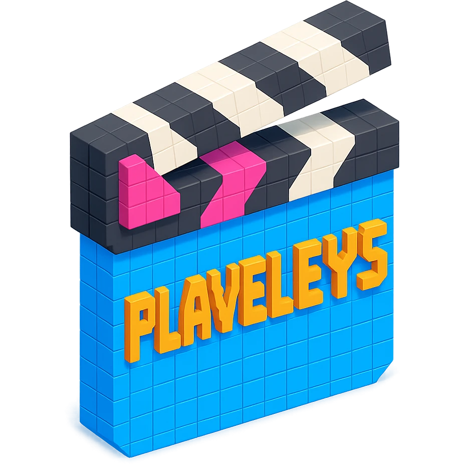 isometric view of a movie clapperboard with the text 'PLAVLEYS' written on it, voxel style emoji