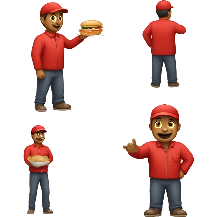 Showcase a food delivery man in red clothes and red cap, indian  emoji