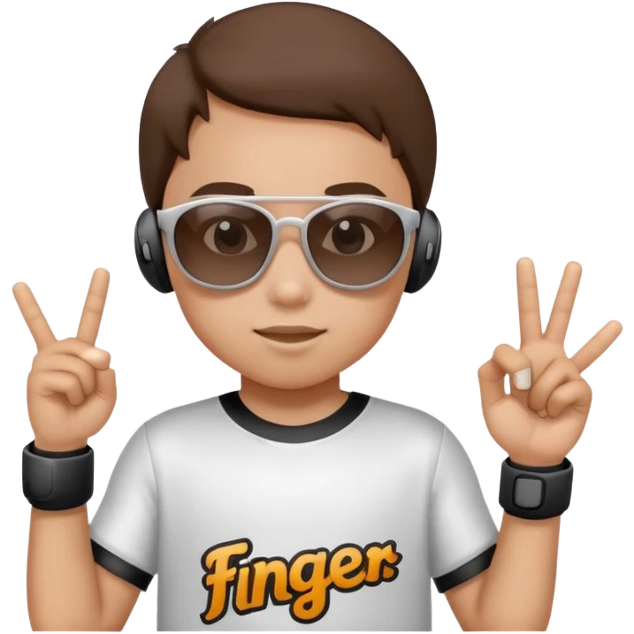 A kid wearing a jersey that says finger with earbuds in and sunglasses on emoji