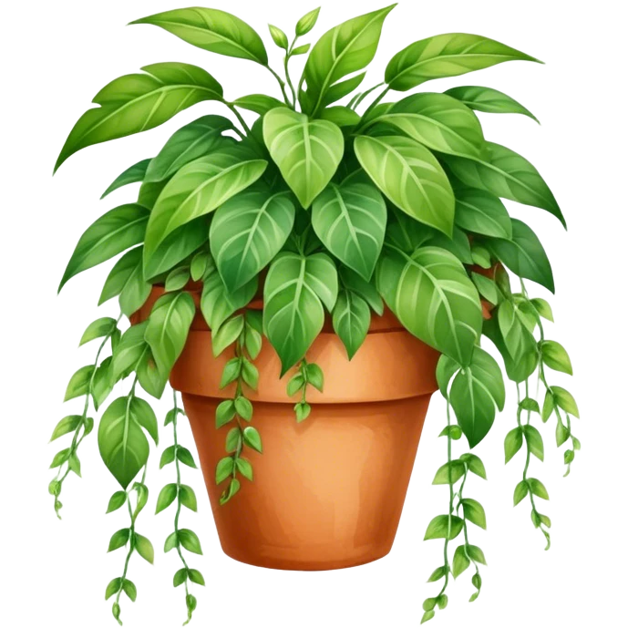 A vibrant hanging plant in a terracotta pot, painted in soft watercolor strokes with detailed leaves cascading down. emoji