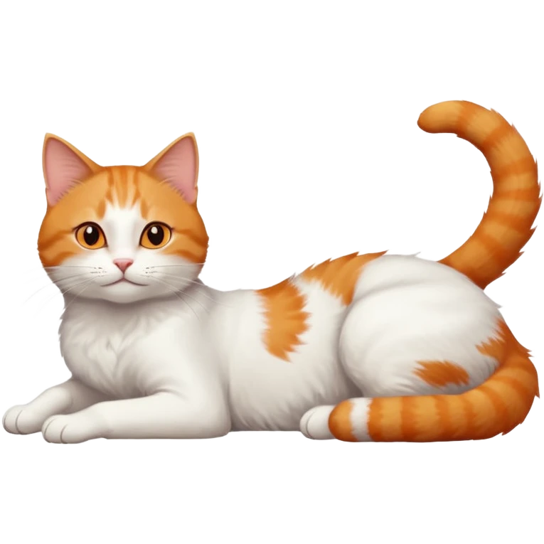 ginger and white cat with orange eyes doing a big extremely long stretch reaching up into the air with arms and legs side by side together straight and overextended whilst lying on its side emoji
