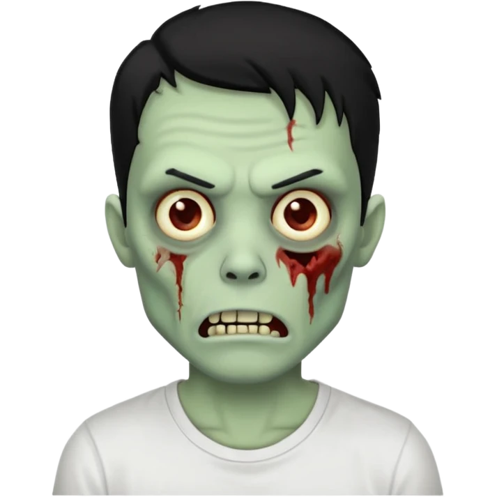 Rosto de frente classico de zombie boca meio torta cabelos pretos no corte low fade com pele verde clara camiseta branca emoji