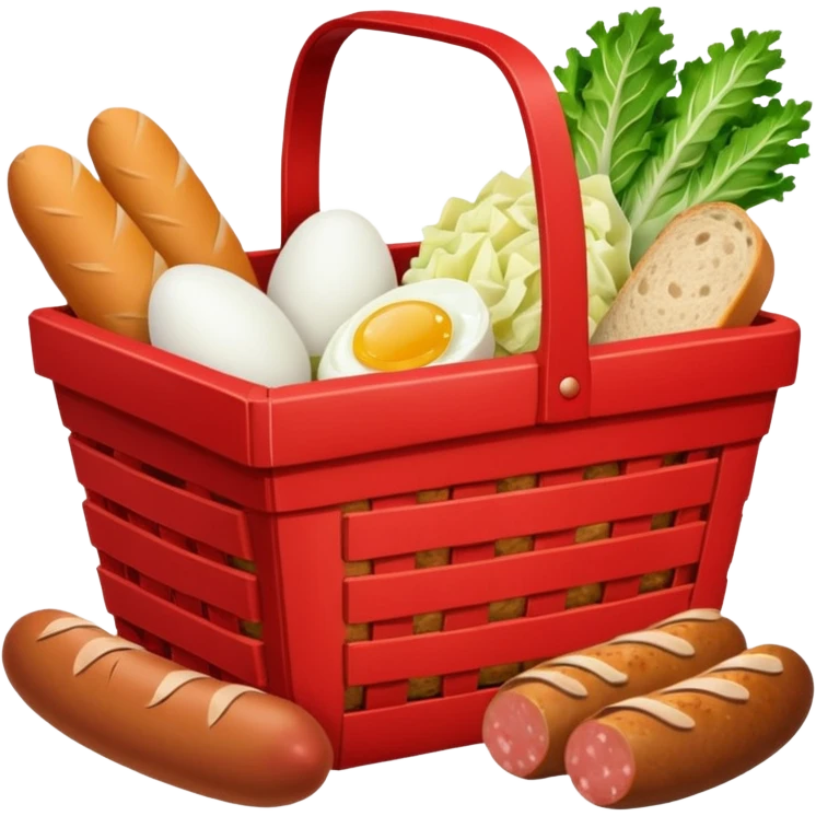 red basket with groceries: milk, bread, sausage, eggs, potatoes, carrots, onions, cabbage emoji