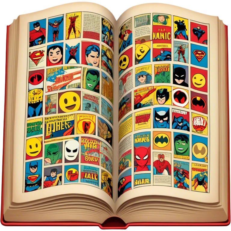detailed and vintage-inspired emoji representing comic books and graphic novels as a storytelling art form. a large, open comic book with pages filled with classic American comic book panels. classic feel of old-school comic books a graphic novel. background transparent emoji