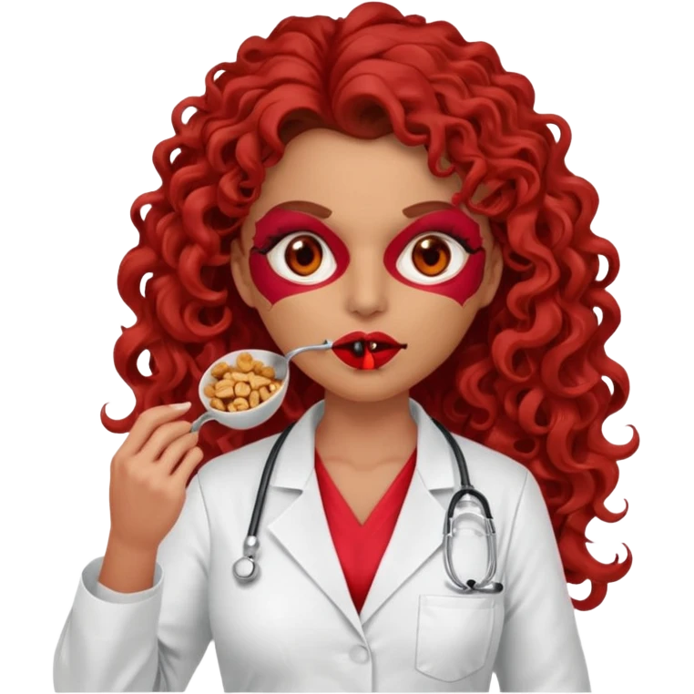 Sensual Spanish Lilith core evil surgeon.red outfit.  Surgeon has red eyes. Her hair is brown long and  curly. wearing a sexy surgeon outfit with platform heels.she is a calculated smart cereal killer. She covers only her mouth and nose to hide identity  emoji