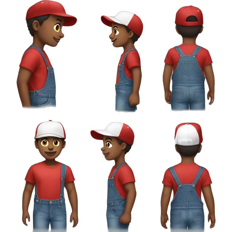 African American Boy

Clothing: Wearing a red t-shirt with denim overalls, white sneakers, and a baseball cap turned backward emoji