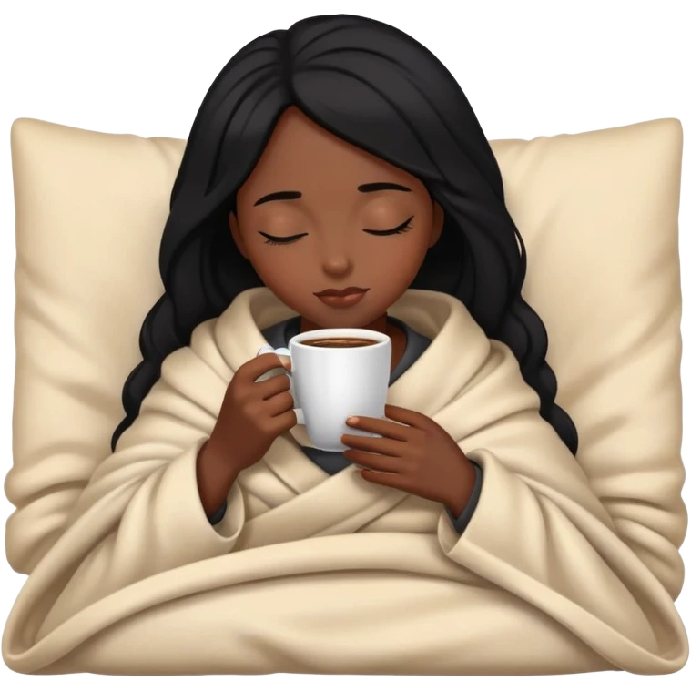 black-haired black girl inside a blanket sipping coffee eyes closed emoji
