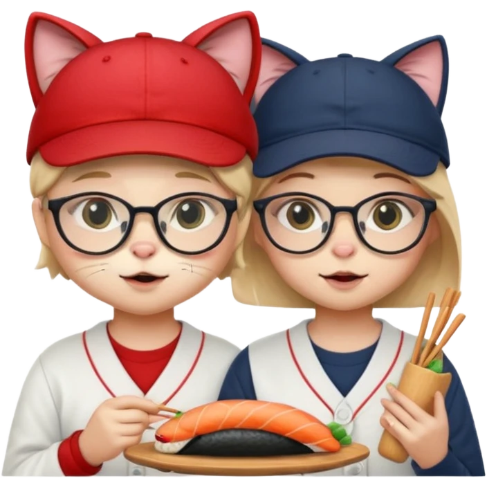 cute girl cat with glasses and a cute boy cat with a baseball cap eating sushi together emoji