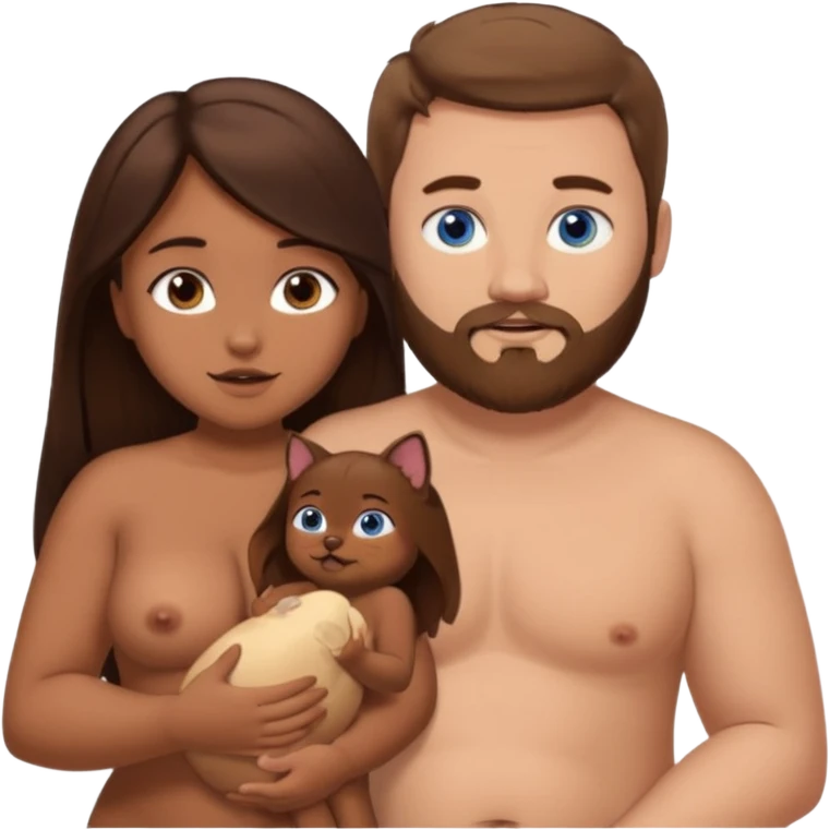 chubby white guy with brown hair and beard and blue eyes, holding a brown girl with long dark hair and brown eyes in arms, naked, showing tits and pussy emoji