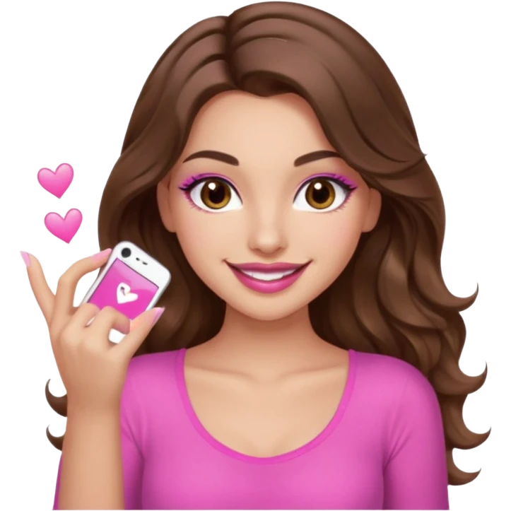 girl with long wavy brown hair, brown eyes, long lashes, sexy pink lips, light to medium complexion, wearing a pink sexy top, smiling, finger tips touching emoji