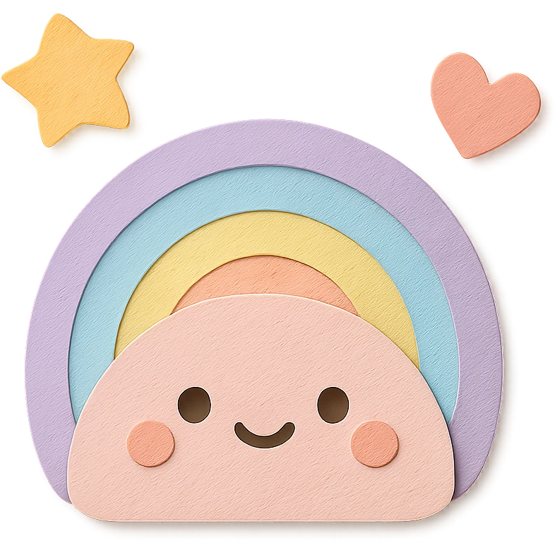 adorable pastel tiny rainbow, floating star and heart, no arms or legs, transparent background, full body, kawaii paper craft style emoji