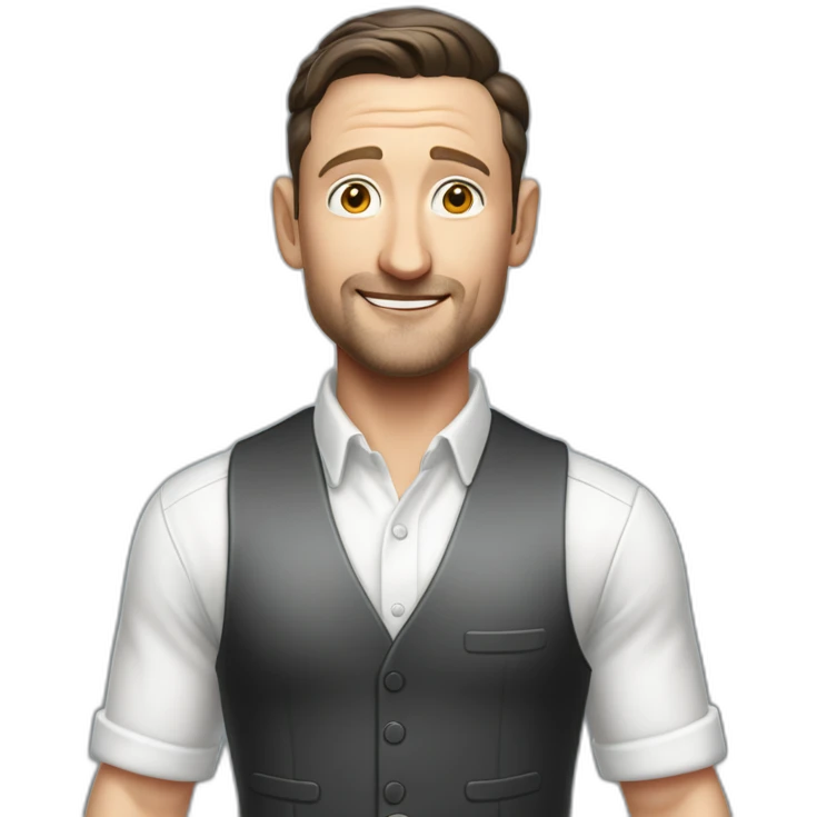tim robinson dark black slicked back hair white shirt with a light grey vest pouring water on a steak emoji