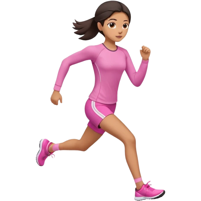 A girl in soft pink tight-fitting sportswear, a long-sleeved fitted top and shorts, is running. Her hair is dark and straight, neatly styled. emoji