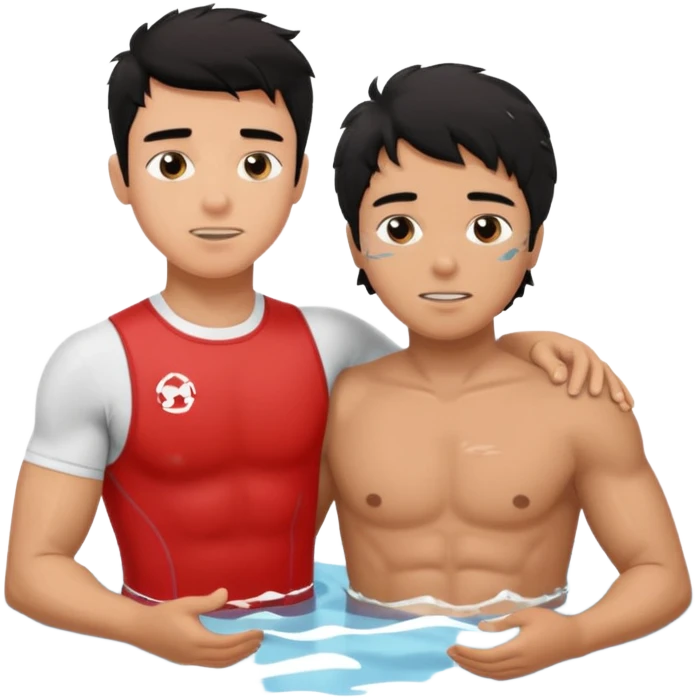 Dark Tan Muscular teen lifeguard boy with messy black hair rescuing old lady in pool emoji
