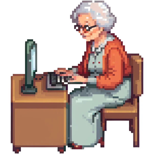 grandma typing on a computer on black background emoji