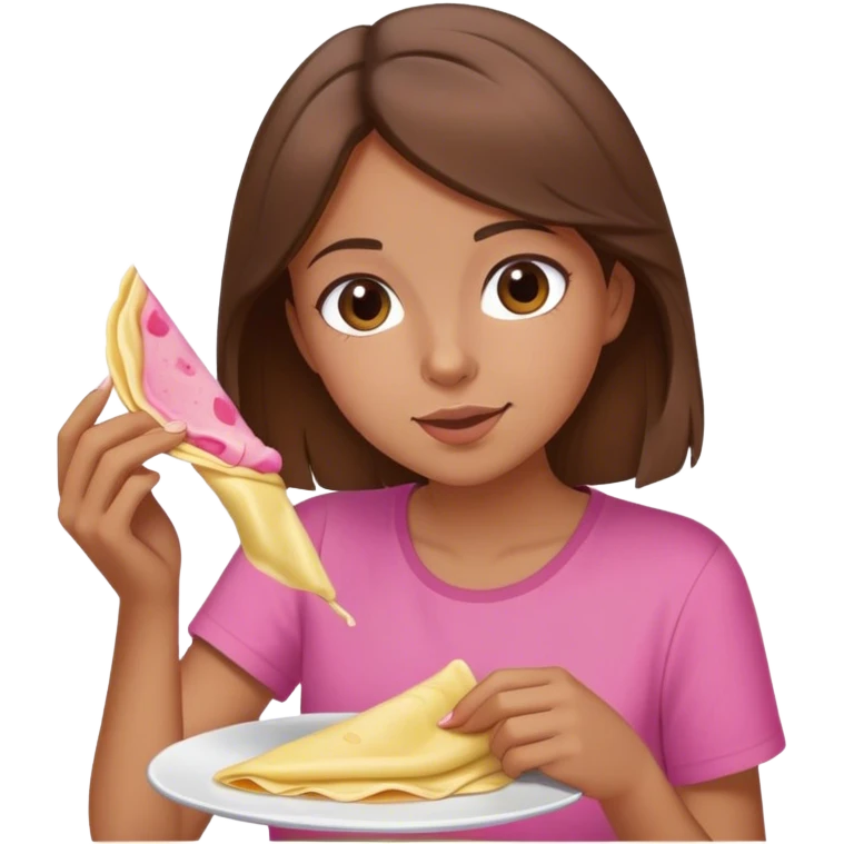 Girl with brown hair and pink shirt eating crepe emoji