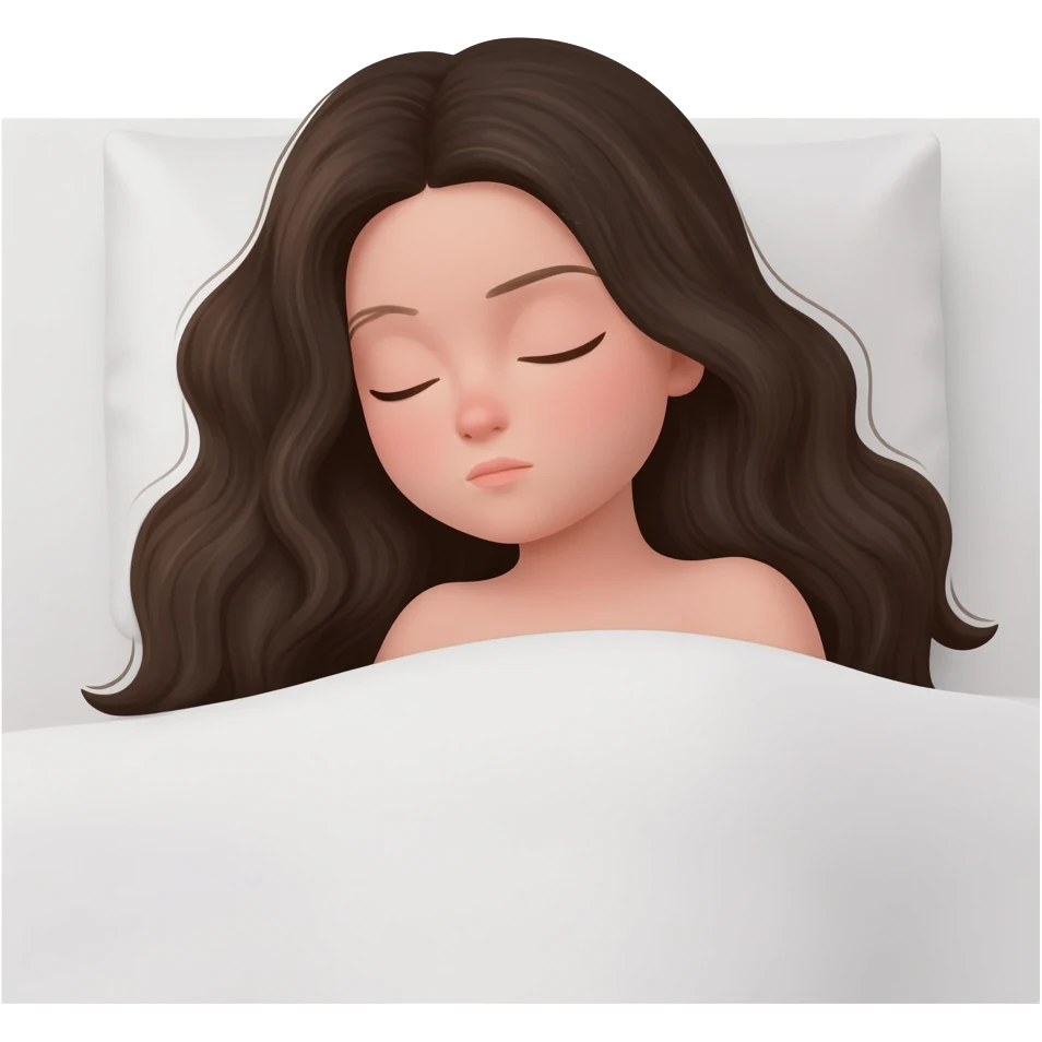 Black hair brown girl with long wavy black hair with brown eyes and sleeping on a white bed with cute girl with long wavy hair dark color with fair skin emoji