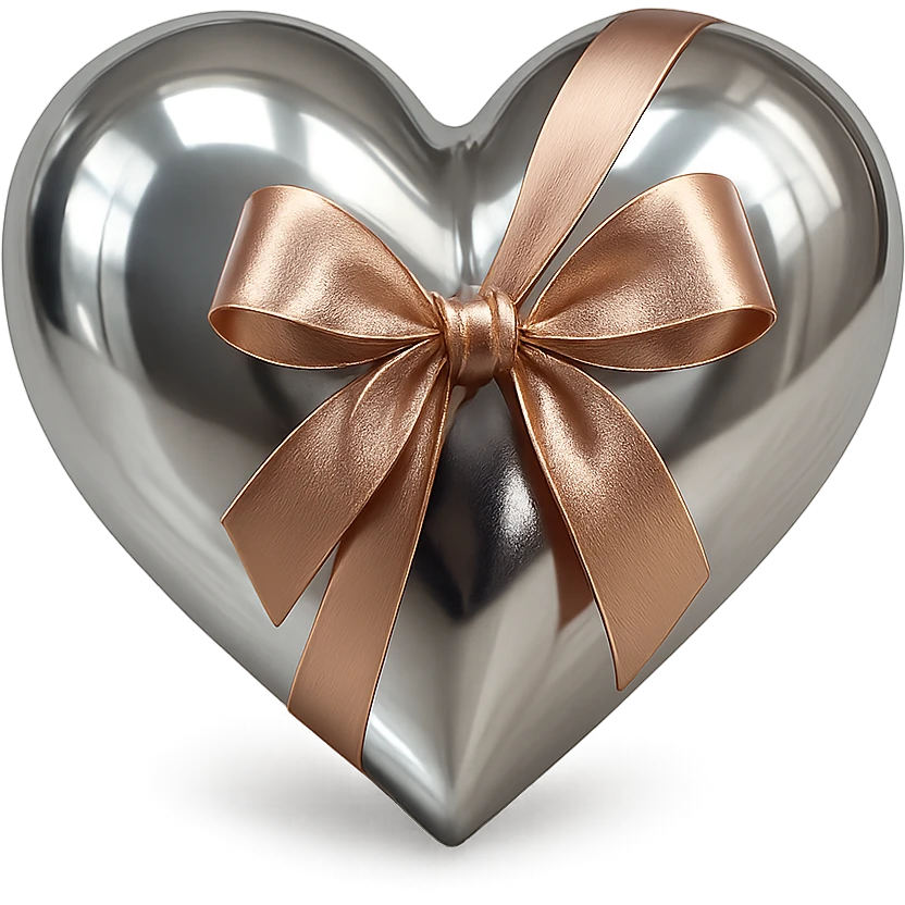 shiny silver heart with a rose gold ribbon tied in a bow, reflective, metallic, luxurious emoji