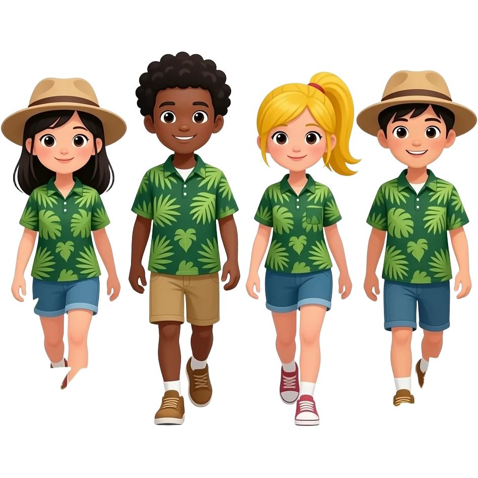 Walking in the jungle one girl with asian hair with a jungle hat shirt one boy with african style with jungle hat shirt one girl with yellow one ponytail with jungle hat shirt one asian boy with jungle hat shirt on a jungle emoji