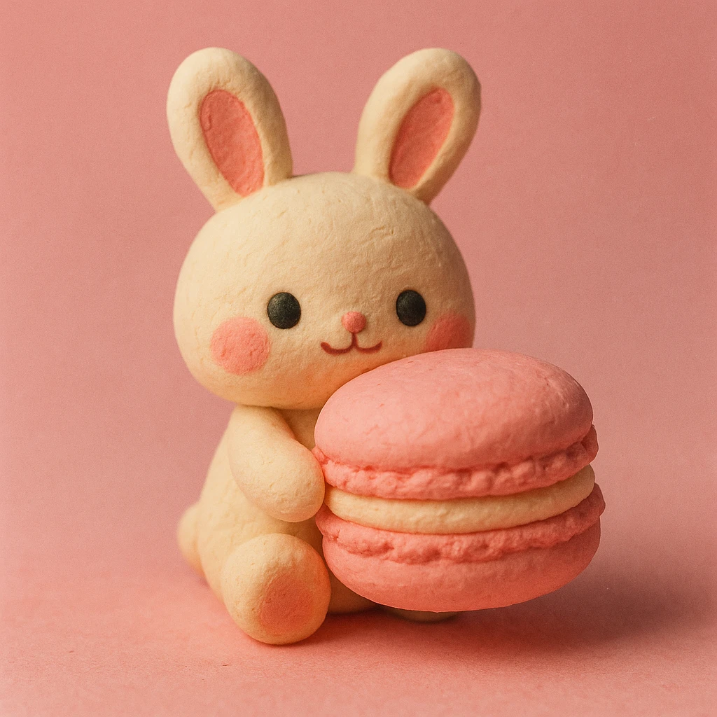 chibi bunny holding a giant macaron, soft pink background, pastel dessert theme, adorable illustration emoji