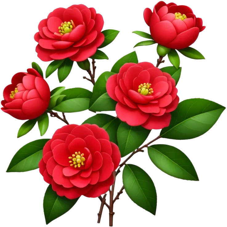 bouquet Red Camellia, luxuriant, stem, leaf, bud emoji