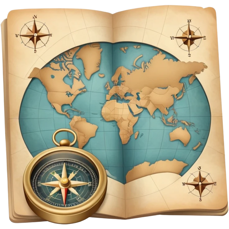 Folded travel map and compass with muted colors, not vibrant emoji