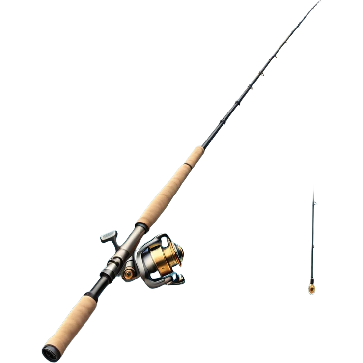 Cinematic Realistic Fishing Rod, sleek graphite rod with a smooth, polished reel, thin line disappearing into a shimmering lake, warm golden sunlight reflecting off the water, glowing with a tranquil and adventurous aura. emoji