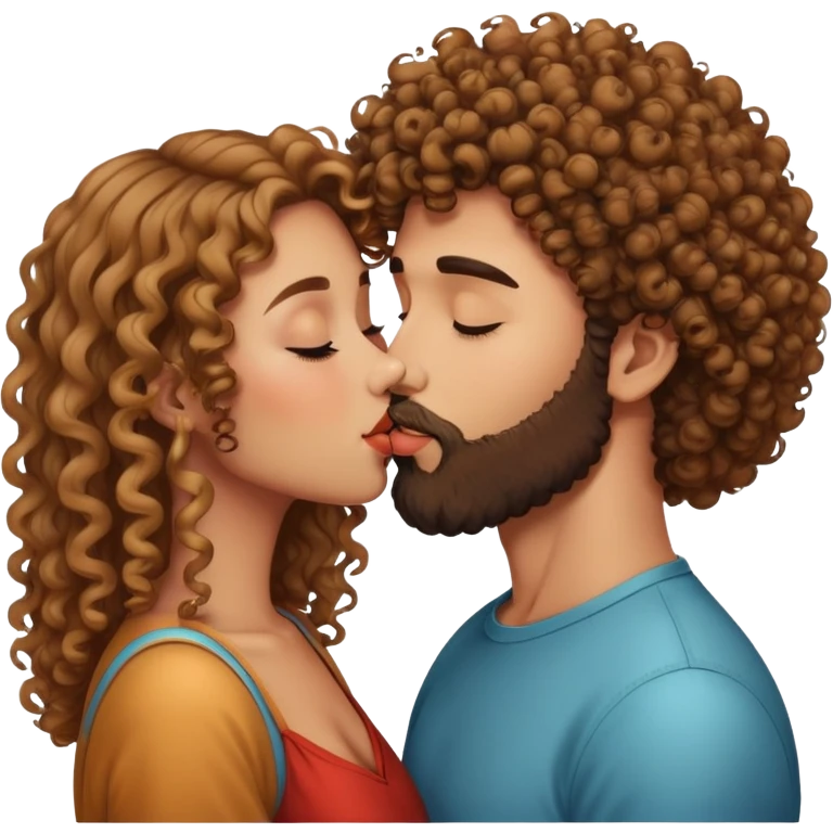 Curly haired girl kissing straight hair man with beard, romantic couple kiss emoji