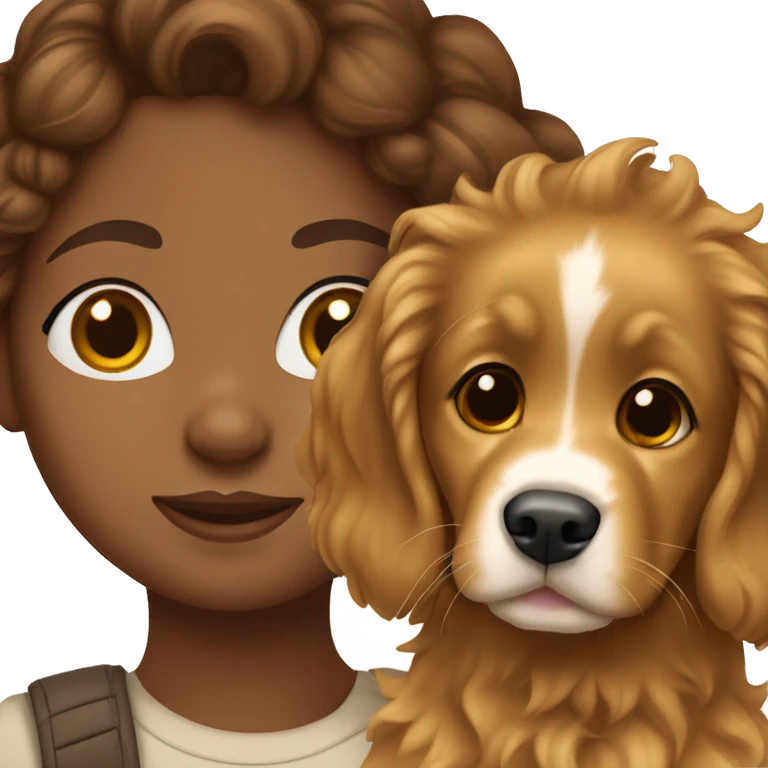 Brown girl with brown curly hair with a golden retriever puppy emoji