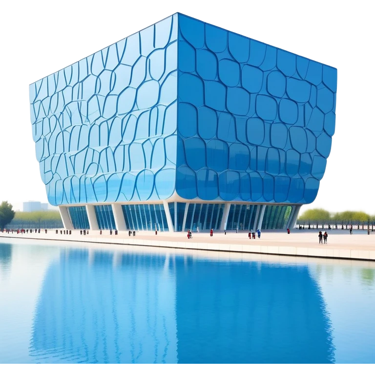 Beijing Water Cube National Aquatics Center blue bubbled building, simplified emoji style with bold outlines and bright colors, cartoon style modern structure emoji