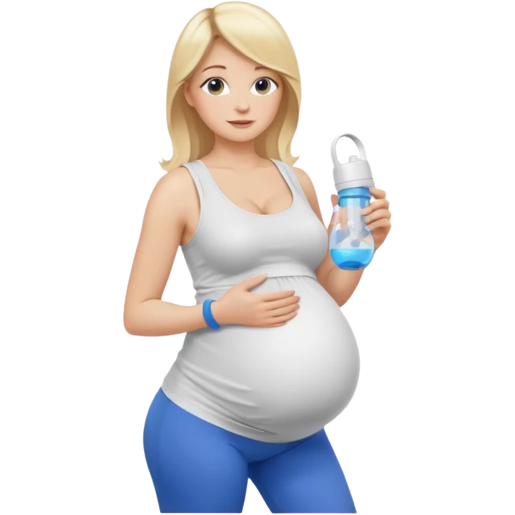 Woman blonde hair white tank top blue leggings pregnant belly holding a pump emoji