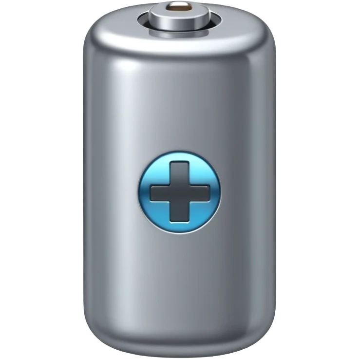 A battery emoji made of silver chrome, smooth rounded shape, minimal futuristic design, glossy metallic finish, soft reflections, iOS emoji style, centered on clean white background emoji