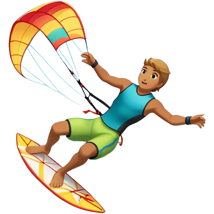 A kite surfer soaring above the waves, holding onto a kite with the wind in full force. The background showcases the ocean and sky, emphasizing the freedom, thrill, and energy of the sport. The motion of the kite and board is dynamic, capturing the excitement of kiting. emoji