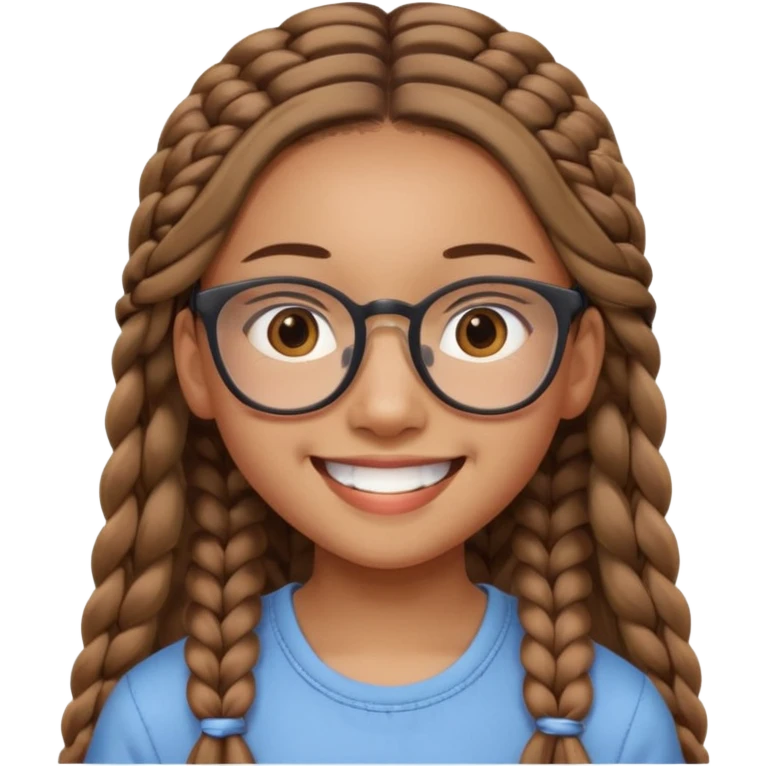 14-year-old Asian girl, long light brown braids, square glasses, big open smile emoji