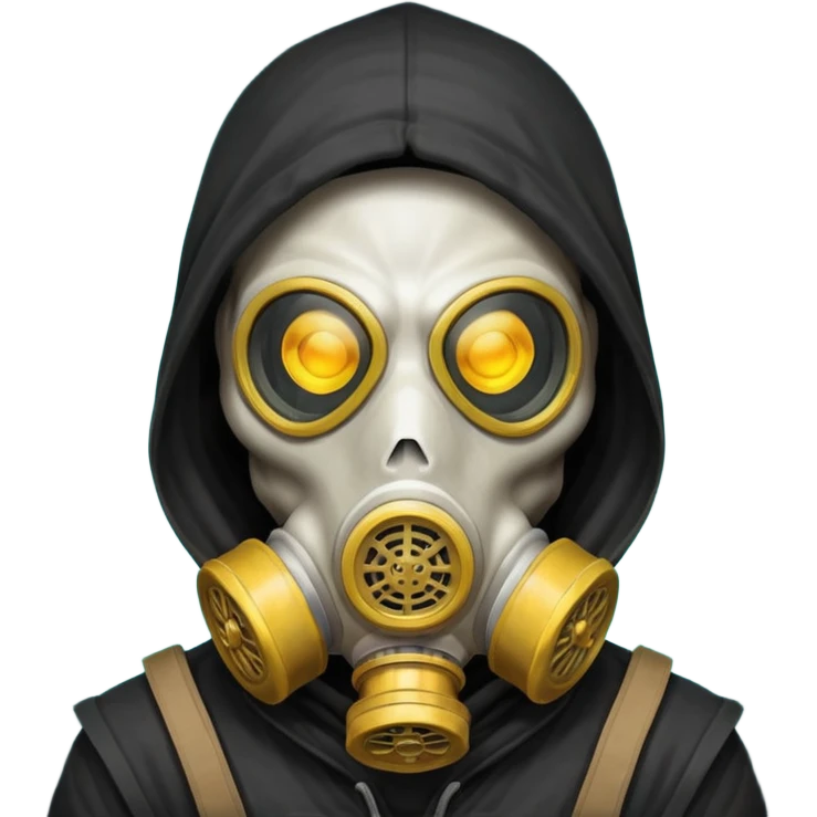 skeleton wearing a gas mask portrait, head and shoulders only, dark hood, glowing eyes inside mask, post-apocalyptic vibe, 3D cartoon, mobile game icon style, clean background, no text, no watermark
 emoji