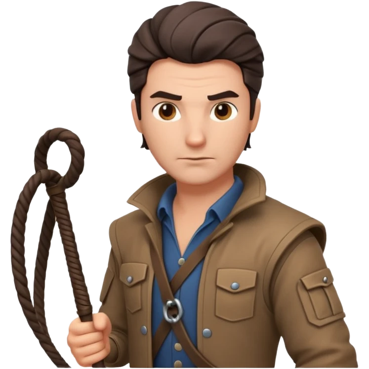man with a whip portrait, head and shoulders only, whip coiled on shoulder, rugged outfit, confident look, 3D cartoon, mobile game icon style, clean background, no text, no watermark
 emoji