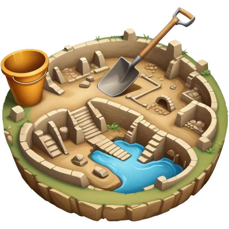 An icon showing an ancient city excavation site with a shovel, an old map, and uncovered ancient amphoras. The design captures the thrill of uncovering historical treasures and ruins. Transparent background highlights the excitement of archaeological discovery. emoji