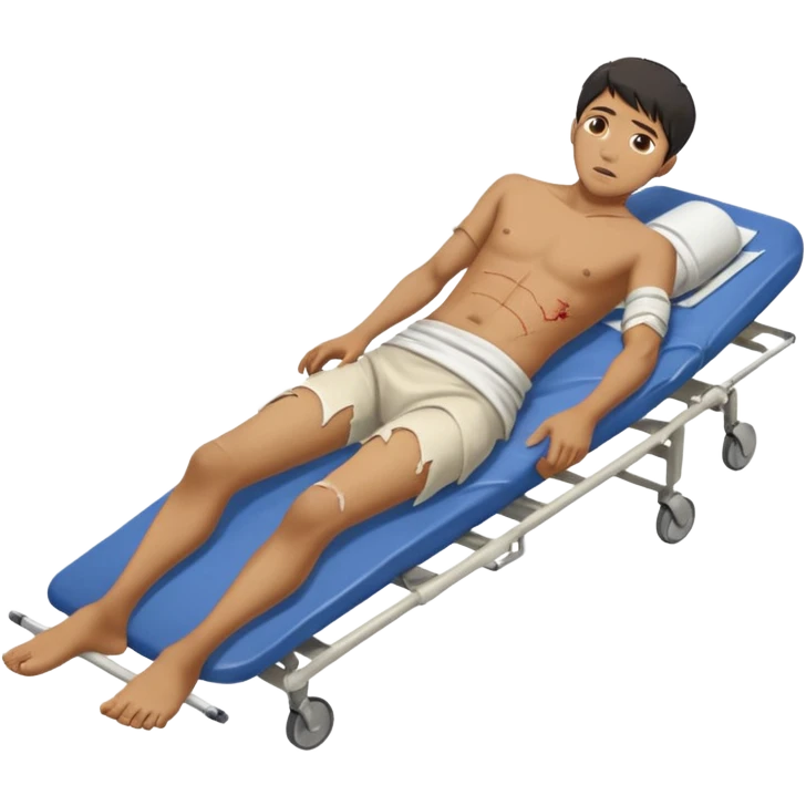 a man of oriental appearance, dressed in torn clothes, full length, in a prone position, with injuries on a medical stretcher, 1980 emoji