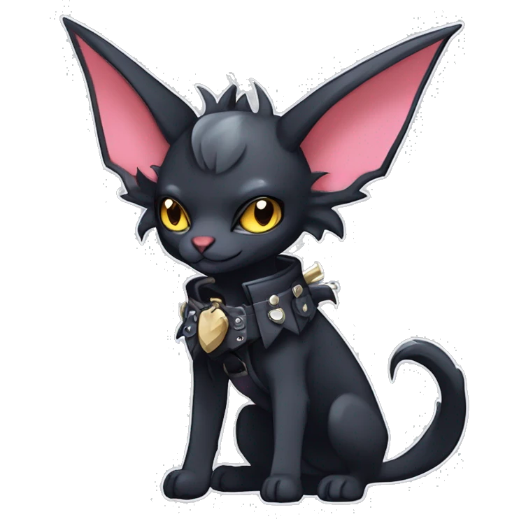 cool punk kawaii edgy distinguished elegant beautiful fantasy black ethereal nargacuga-bat-zorua-sphynx-Quiana-Fakemon collar harness with big fangs full body emoji