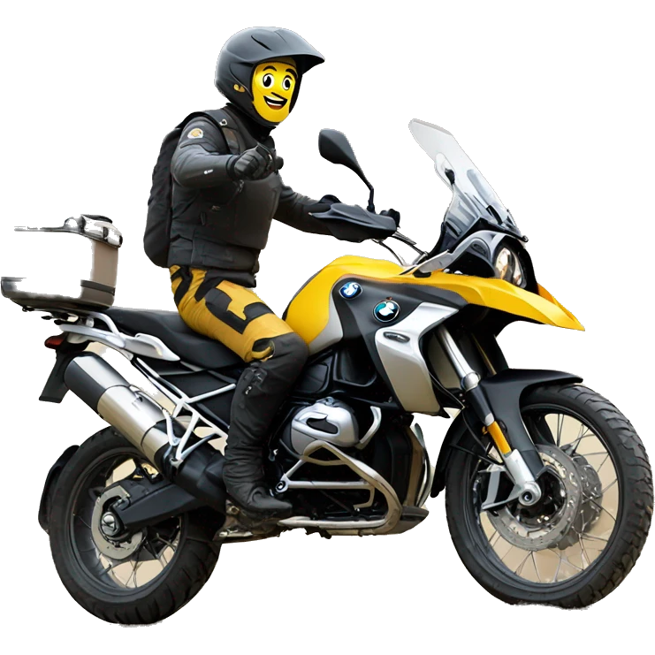 man waving while driving a yellow bmw f750gs on gravel road emoji