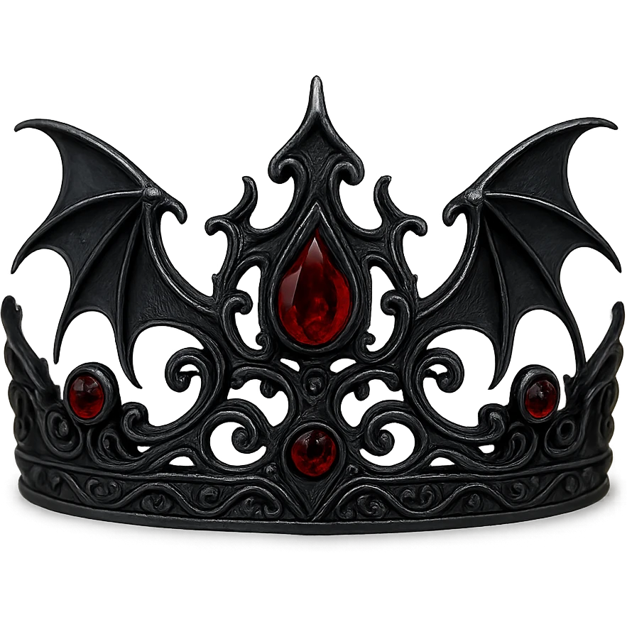 gothic crown in obsidian black with red garnets and bat wing shapes, vampiric and striking emoji