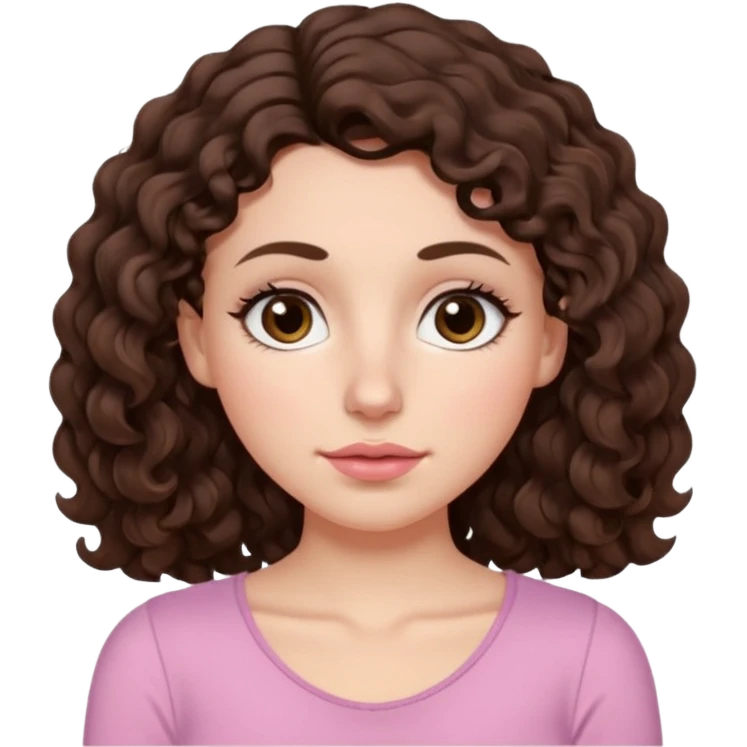 Aesthetic white girl with really long wavy/curly hair color dark brown, hair most be in front of the shoulders (hair in front of the shoulders). Big almond shape tired eyes color brown with dark circles, wide nose, natural lips, sweet expression. Dressed with a cute tight top color light pink. emoji
